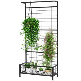 Metal Tall Plant Stand with Trellis and Hanging Bar, Plant Holder for Indoor Outdoor Use, 36" x 12.8" x 74", Black