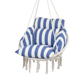 Swinging Chair, Macrame Hanging Chair with Large Cushion, Chain, Steel Frame for Outdoor Use, Blue and White