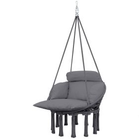 Swinging Chair, Macrame Hanging Chair with Large Cushion, Chain, Steel Frame for Indoor Outdoor Use, Dark Gray