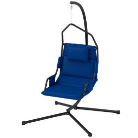 Swinging Chair with Stand and PA Coating Cushion, Hanging Chair with Steel Frame for Outdoor, Dark Blue