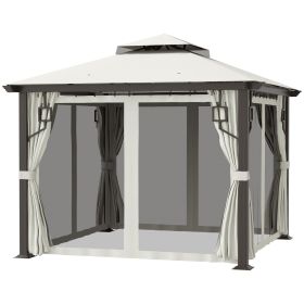 10' x 10' Patio Gazebo Outdoor Canopy Shelter with Aluminum Frame, Double Tier Roof, Netting and Curtains for Garden, Lawn, Cream White