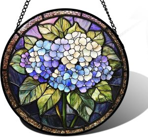 Stained Glass Window Hanging, Hydrangea Flowers Sun Catchers Diamond Glass Panel Hangings Plant Suncatcher Decor for Birthday for Women, Men, Wife