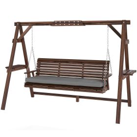 3 Seat Wooden Porch Swing with Stand, Patio Swing with Cushion, for Garden, Poolside, Backyard, Carbonized Brown