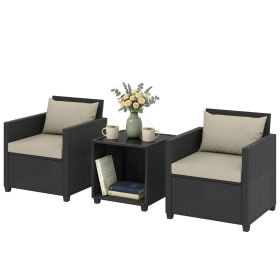 3 Piece Patio Bistro Set, Conversation Set, Wicker Furniture Set with Thick Cushions, Glass Coffee Table and Chairs for Garden, Beige