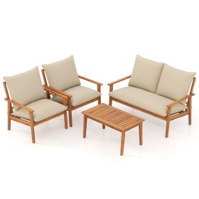 4 Pieces Outdoor Acacia Wood Conversation Set with Soft Cushions and Coffee Table