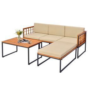 5 Pieces Patio Furniture Set Acacia Wood Sectional Set with Heavy-Duty Metal Frame