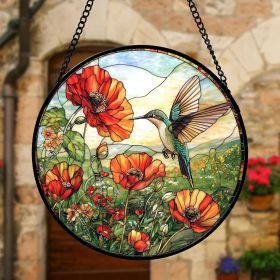 Stained Glass Window Hanging, Hummingbirds Orange Flowers Suncatcher Diamond Glass Panel Hangings Sun Catchers Decor for Birthday for Women, Men, Wife