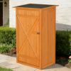 Outdoor storage shed - A wooden tool shed with a flat roof and waterproof garden storage cabinet, featuring a lockable door