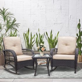 3 Piece Outdoor Wicker Rocker Patio Conversation Set;  Rocking Glider Chairs, Premium Cushions, Armored Glass Top Table; Elegant Wicker