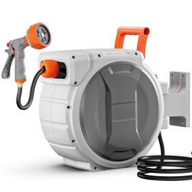 Retractable Garden Hose Reel, 1/2 Inch x 65 ft Wall Mounted Hose Reel, Heavy Duty Garden Hose Reel with 9 Patterns Nozzle, Any Length Lock