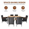 7 Piece Patio Dining Set, Outdoor Patio Conversation Set with Acacia Wood Table Top and Rattan Chairs and Soft Seat Cushions for Deck Backyard Garden