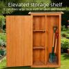 Outdoor storage shed - A wooden tool shed with a flat roof and waterproof garden storage cabinet, featuring a lockable door
