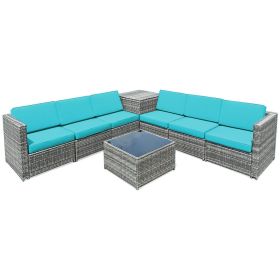 8 Pieces Wicker Sofa Rattan Conversation Set Patio Furniture with Storage Table (Color: Turquoise)