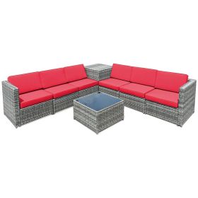 8 Pieces Wicker Sofa Rattan Conversation Set Patio Furniture with Storage Table (Color: Red)