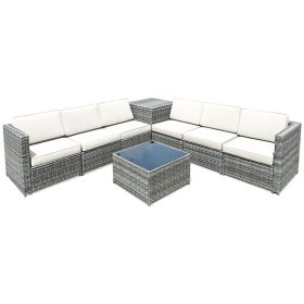 8 Pieces Wicker Sofa Rattan Conversation Set Patio Furniture with Storage Table (Color: White)