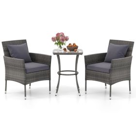 3 Pieces Patio Furniture Set with Cushioned Patio Chairs and Tempered Glass Coffee Table (Color: Gray)