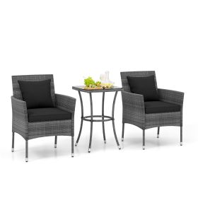 3 Pieces Patio Furniture Set with Cushioned Patio Chairs and Tempered Glass Coffee Table (Color: Black)
