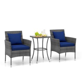 3 Pieces Patio Furniture Set with Cushioned Patio Chairs and Tempered Glass Coffee Table (Color: Navy)