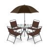 6 Pieces Patio Dining Set Folding Chairs Glass Table Tilt Umbrella for Garden
