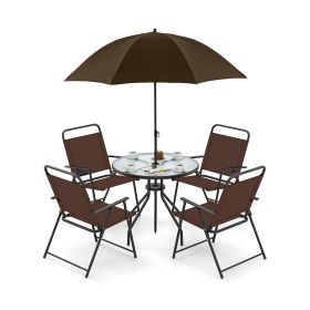 6 Pieces Patio Dining Set Folding Chairs Glass Table Tilt Umbrella for Garden (Color: Coffee)