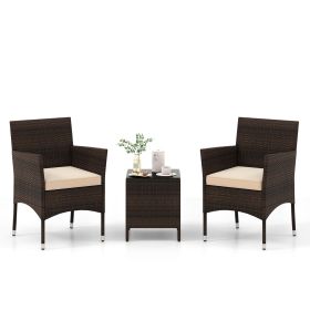 3 Pieces Outdoor Conversation Set with Cushioned Seat and Glass Tabletop (Color: Beige)