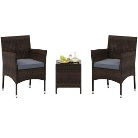 3 Pieces Outdoor Conversation Set with Cushioned Seat and Glass Tabletop (Color: Gray)