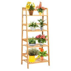 4-Tier Bamboo Plant Rack with Guardrails Stable and Space-Saving (Color: Brown)