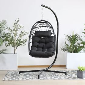 Hanging Folding Egg Chair for Outdoor Patio with Aluminum Frame and Metal Stand;  330lbs Capacity (Color: Black)